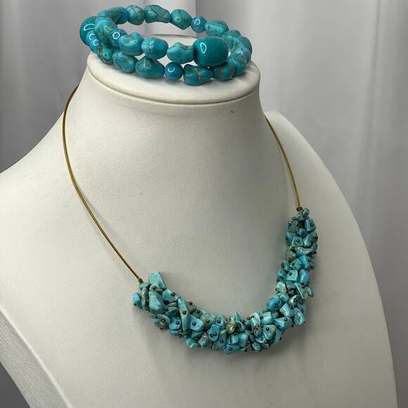turquoise colored blue stone chip necklace and coordinating bracelet set boho - Picture 10 of 14